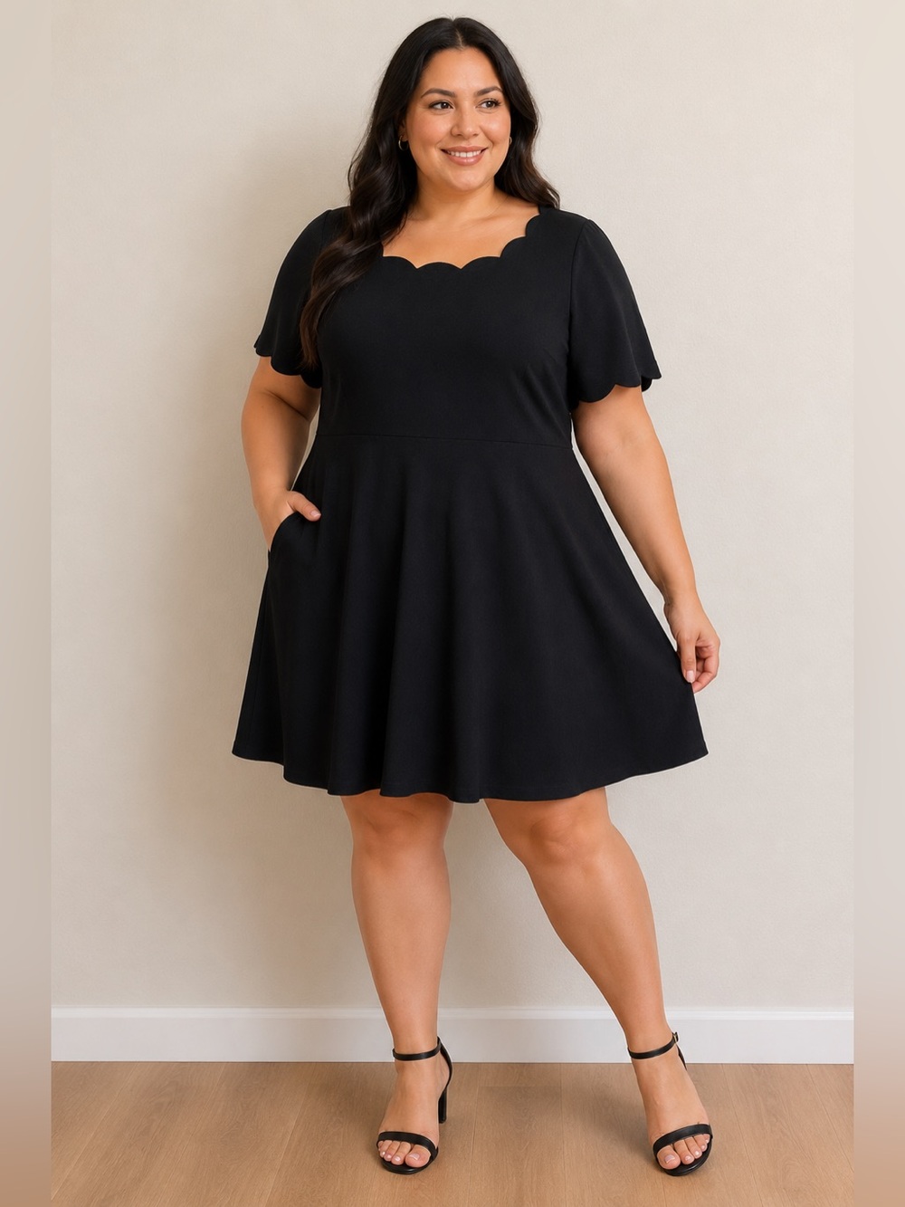 Black Scallop Neck A-Line Dress